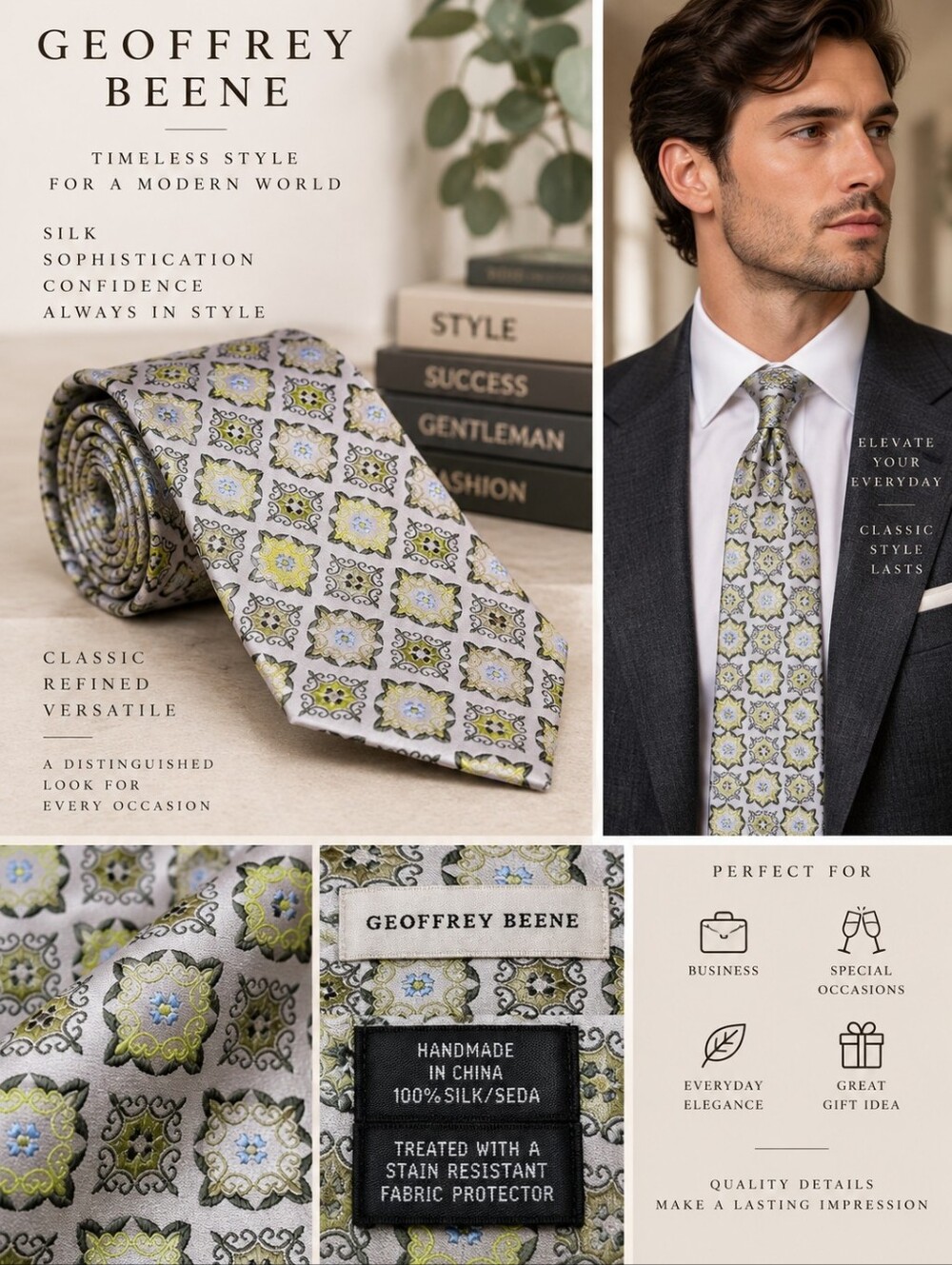 Geoffrey Beene 100% Silk Silver Blue Moss Lime Medallions Tie